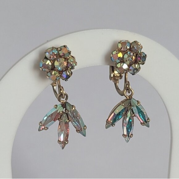 Vintage SHERMAN Aurora Borealis Crystal Gold Flower Drop Dangle Clip-On Earrings - Picture 12 of 13